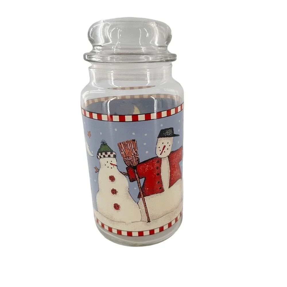Vtg Snowman Sakura Debbie Mumm 1998 Glass Cookie‎ Canister Jar Country Farmhouse